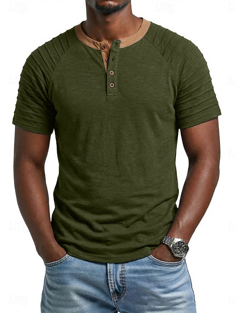 2026年 男性用 ヘンリーシャツ Tシャツ 半袖 パッチワーク ファッション デザイナー カジュアル フリル ボタン ヘンリー カジュアル 日常 アウトドア 夏 春 オールシーズン ロイヤルブルー ヘンリーTシャツ  コレクション – $24.99 –P10