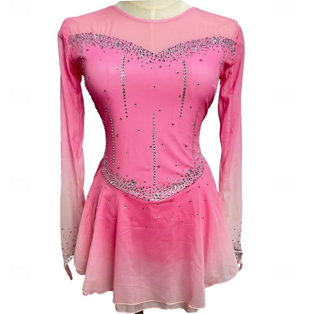 Figure Skating Dress Women's Ice Skating Dress Dark Pink Black White Patchwork Open Back Stretchy Training Competition Skating Wear Classic Crystal / Rhinestone Long Sleeve Ice Skating Figure Skating 2026 - $248.09 –P8