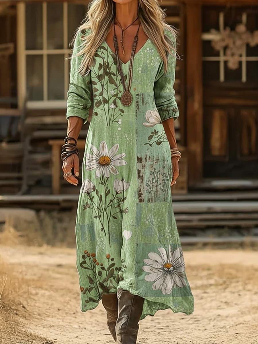 Per donna Abito maxi Abito Boho Abito Vintage Vestito Casual Vintage Quotidiano All'aperto Vacanza Vestibilità regolare Floreale Manica Lunga Scollo a V Blu Giallo Chiaro Verde chiaro Viola chiaro del 2026 a $37.99 –P5