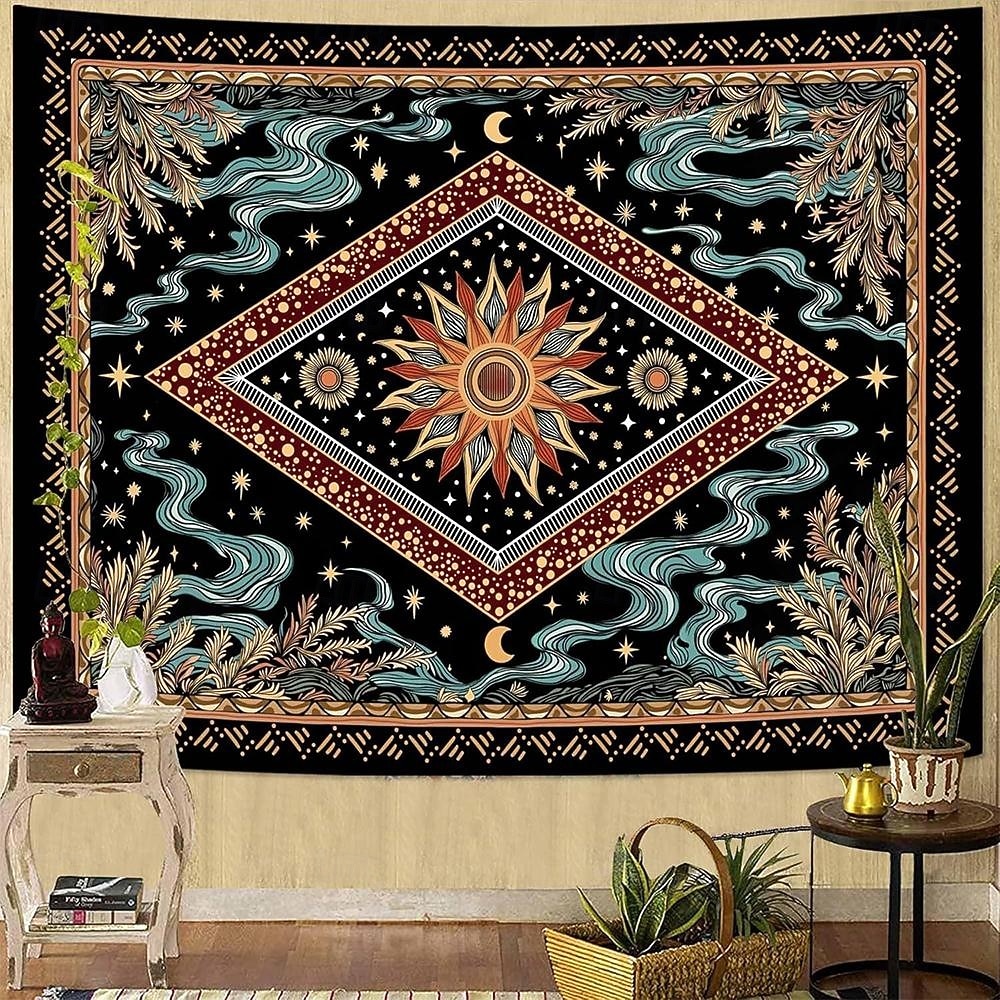 Mystic Psychedelic Sun Face Celestial Starburst Wall Tapestry Diamond Pattern Moon and Stars Bohemian Wall Hanging Trippy Hippie Home Decor Bedroom Backdrop 2026 - $20.99 –P4