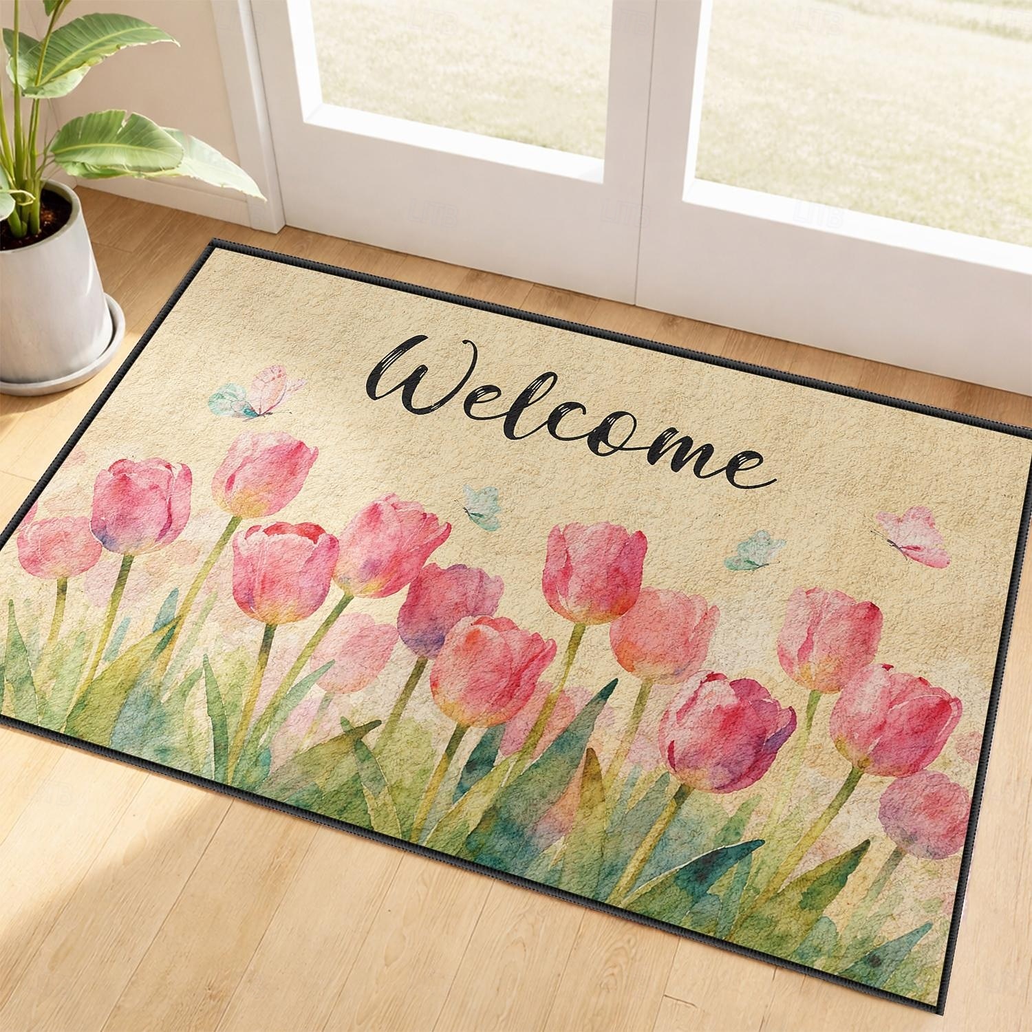 Willkommens-Fußmatte aus Kaschmirimitat mit Tulpenmuster, rutschfest, kurzflorig, für Eingangsbereich, Terrasse, Schlafzimmer und Küche. 2026 - $10.49 –P1