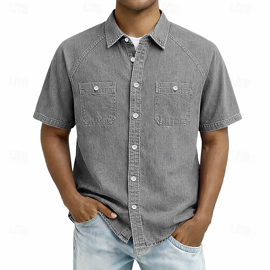 SoftFade™ Herrskjorta 100% Bomull Casual Skjorta Acid Wash Skjorta Svart Ljusgrön Lila khaki Militärgrön Kortsleeve Enfärgad Skjorta Krage Casual Daglig Framlapp Fritidskläder Bomull 2026 - $31.99 –P3