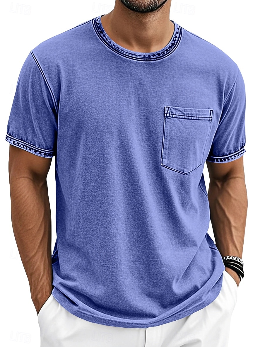 Herre T skjorte 100% bomullssyre-vaskeskjorte Kortermet Crew-hals Sommer Vår Alle årstider Helfarge Enkel Elegant Årgang Nøytral Lomme Plaggfarget Nedtrykt Avslappet Hjem utendørs Lyseblå Svart Brun 2026 - $20.99 –P2