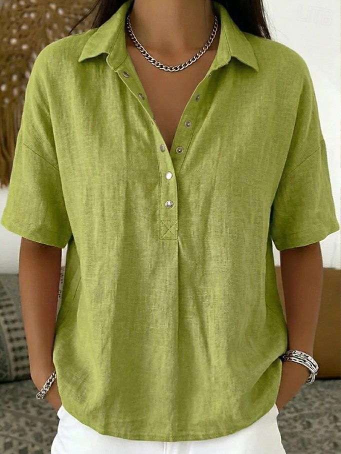 Women's Shirt Linen-feel Shirts Vintage Stylish Short Sleeve Turndown Regular Tops Daily Work Holiday Blue Black White Pink Light Brown Summer Spring 2026 - $28.99 –P7