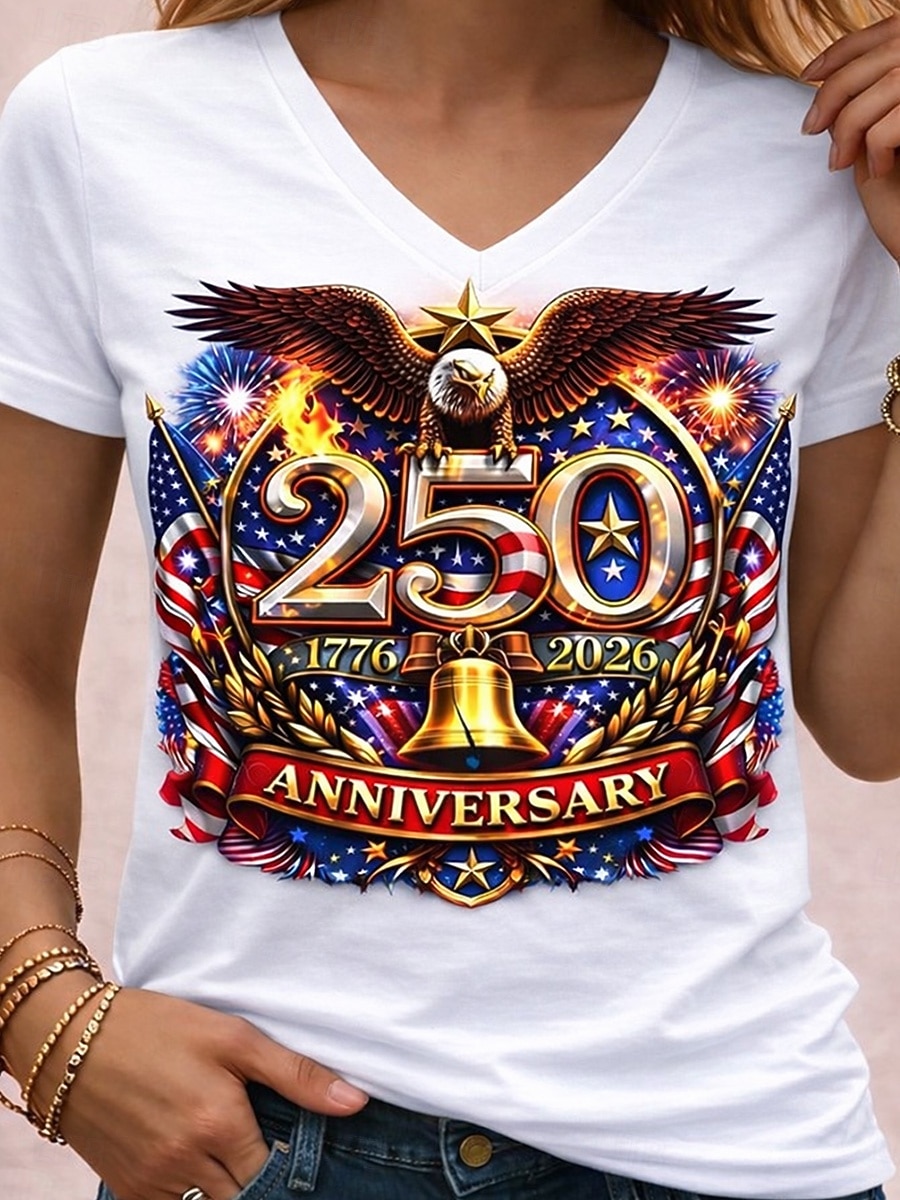 Uavhengighetsdagen Amerikansk Jubileum Patriotisk Dame T-skjorte Trykk Grafikk Flagg Vintage Stilig Klassisk Korte Ermer V-hals Vanlige topper Daglig Blå Sommer Vår 2026 - $21.99 –P6