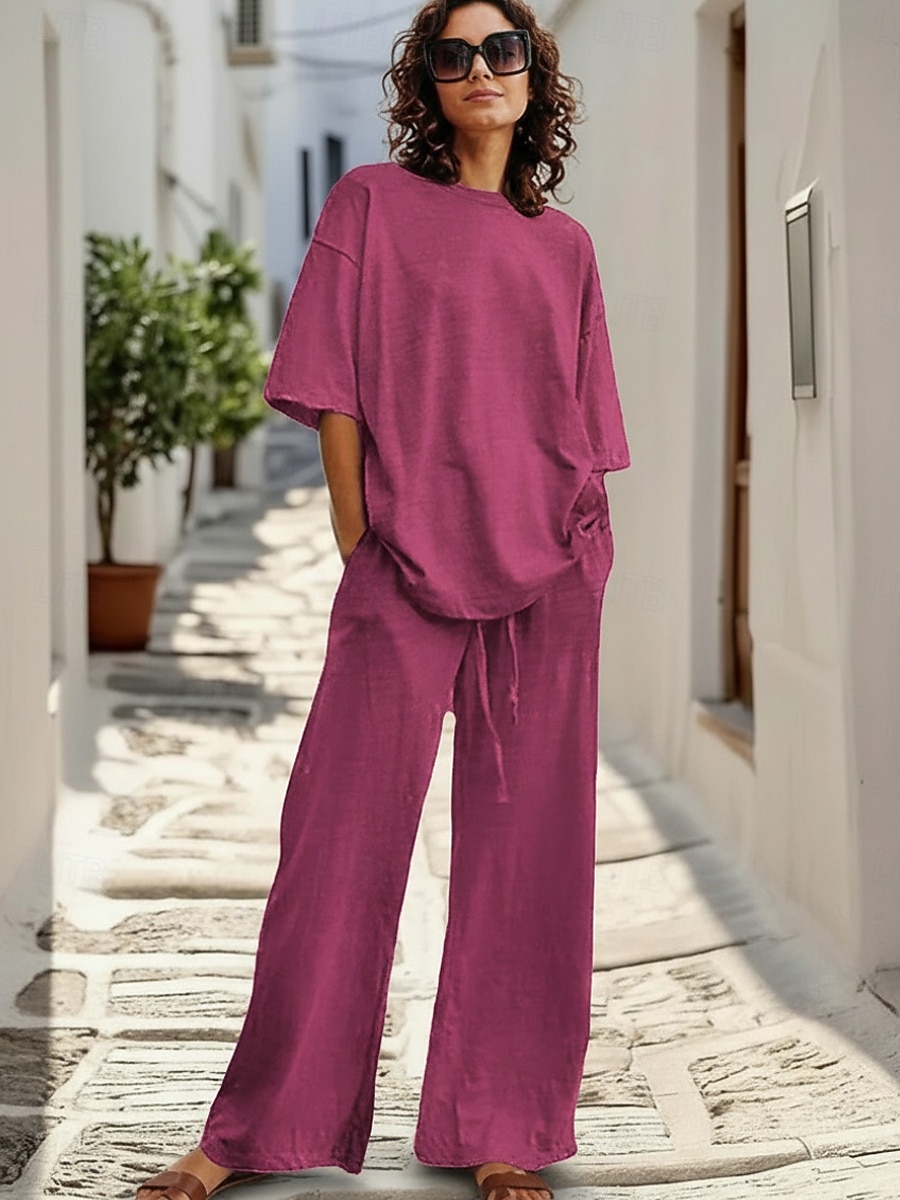 15% Linen Women's Pants Sets Linen Sets Basic Pure Color Pocket Elastic Waist T Shirt Pant Daily Street Long Sleeve Crew Neck Blue Black White Navy Blue Light Brown Summer Spring 2026 - $41.99 –P6