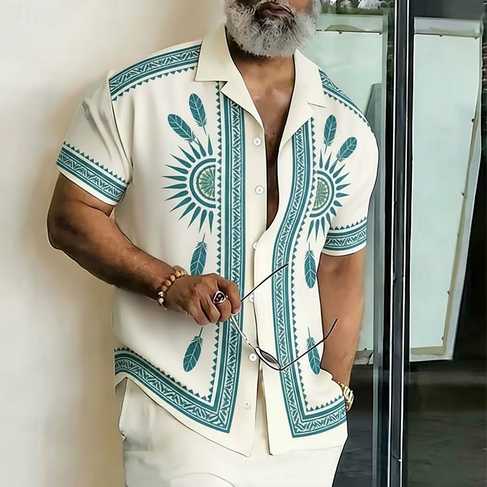 Miesten Geometrinen printti Etninen Aurinkototeemi Paita Button Up paita Leirin paita Lyhythihainen Vintage retro Katuvaatteet Loma Kesä Kevät Kuubalainen kaulus 3D-tulostus Sininen Punastuvan 2026 - $25.99 –P1