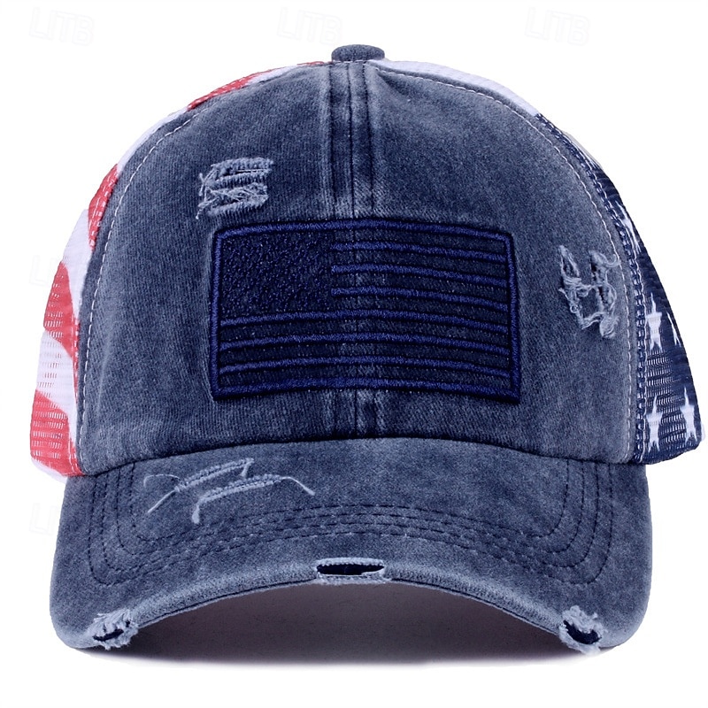 Патриотическая бейсболка для женщин с эффектом потертости и хвостиком, хлопковая кепка-тракер с вышитым американским флагом и застежкой-липучкой сзади, посвященная 4 июля, Дню независимости, 250-летию 2026 - $16.99 –P9