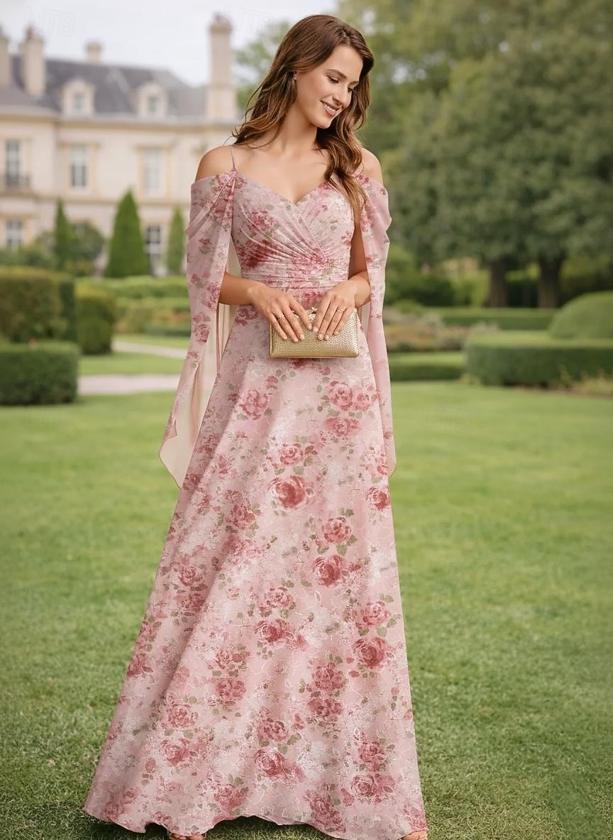 Linea ad A Abito Lunghezza al pavimento Abito da invitata a nozze Abito Formale Abito da sera Abito da cerimonia per signora Manica Corta Scollo a V Elegante Semplice Abbellito Formale Ospite di del 2026 a $159.99 –P1