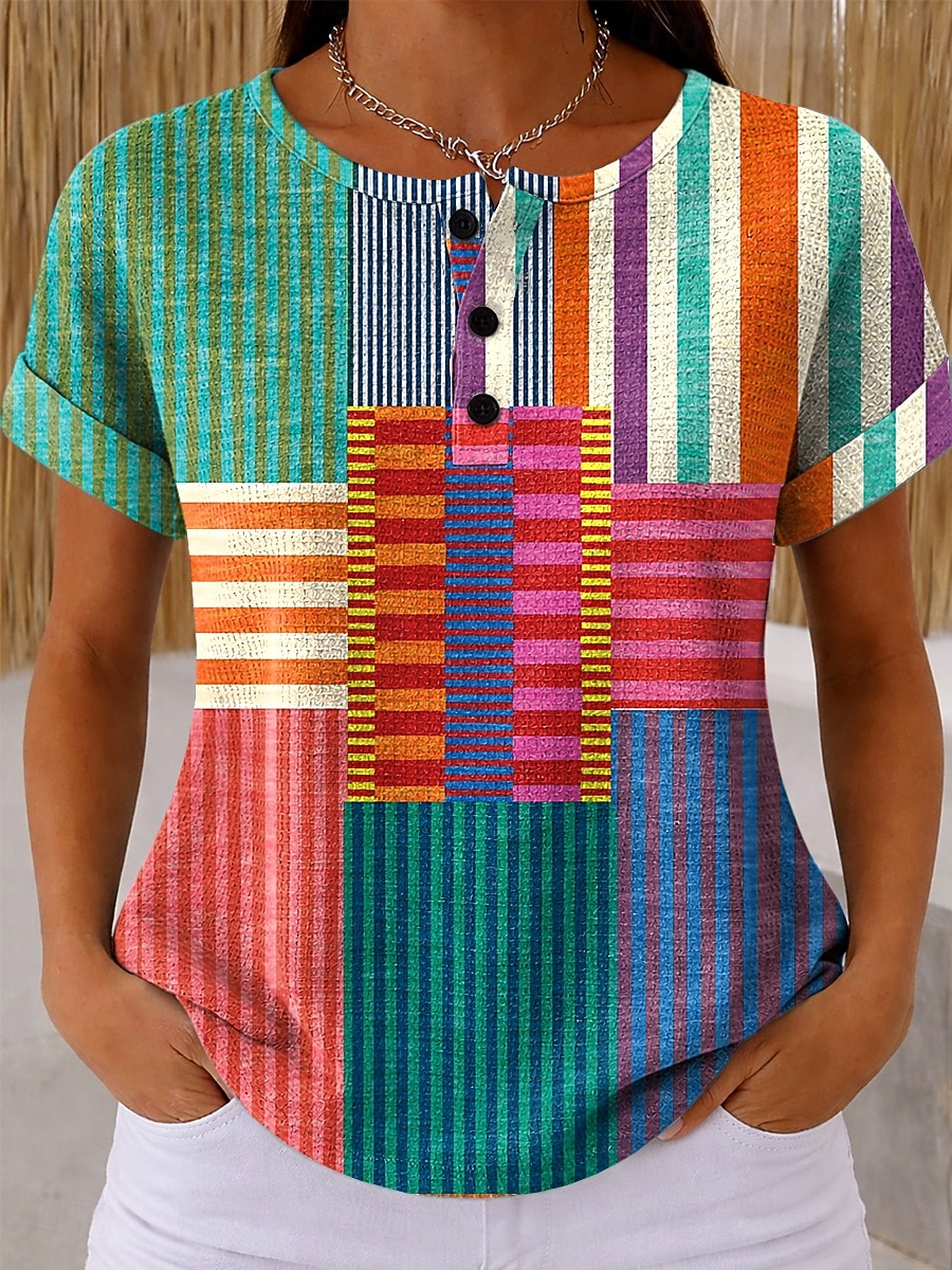 Dámské Waffle T-shirt s potiskem grafiky geometrické vintage stylové klasické krátký rukáv kulatý výstřih pravidelné topy denní černá a bílá černá bílá žlutá červená léto jaro 2026 - $21.99 –P10