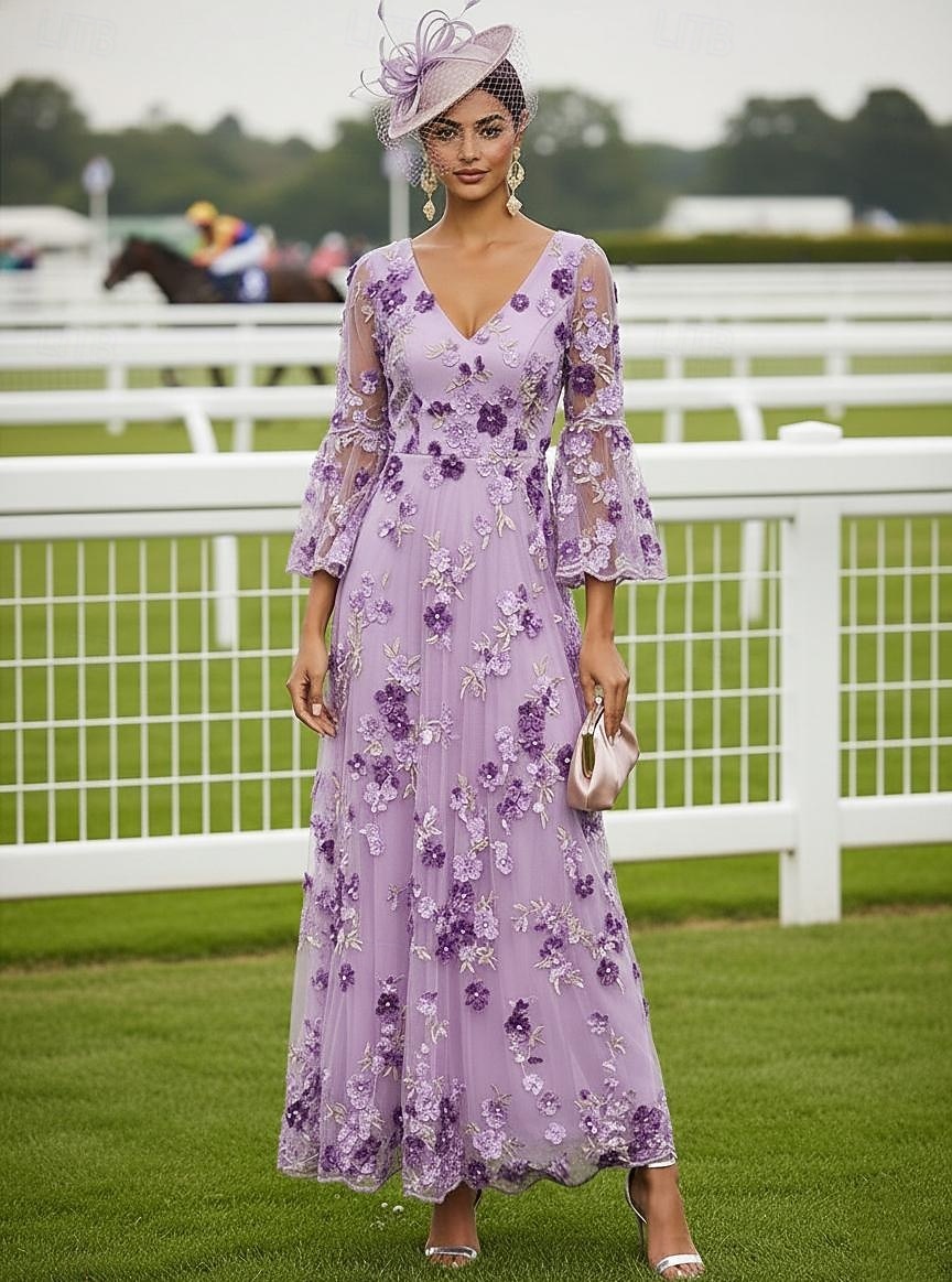 Corte A Vestidos Hasta el Tobillo Vestido maxi Vestido de Fiesta Vestido Cóctel Vestido de Madrina Manga Larga Escote en Pico Elegante Vintage Lujoso Formal Invitado a la boda El derby de Kentucky 2026 - $182.99 –P1