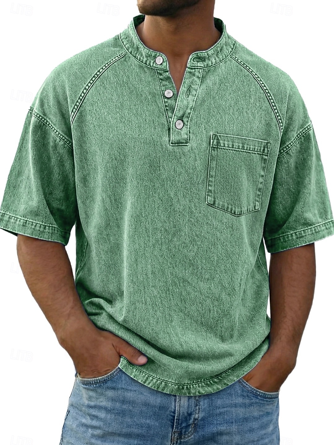 Bărbați Tricou Cămașă Demin Cămașă de spălat cu acid 100% bumbac Manșon scurt Guler de stand Henley Toamna iarna Primăvară Toamnă Simplu Epocă Șic Stradă Casual Buzunar Vopsit în haine Spălat Casual 2026 - $31.99 –P6