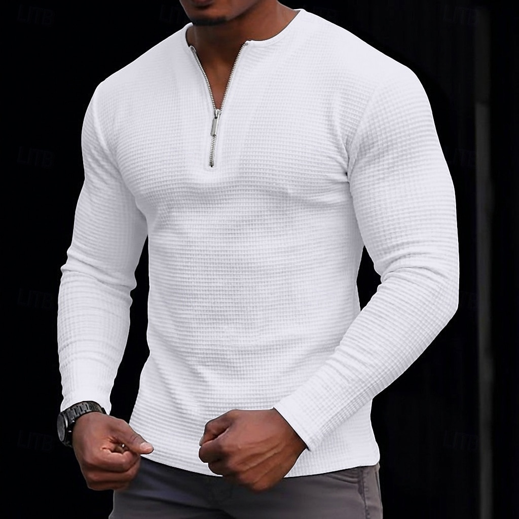 Men's Waffle T-shirt Tee Top Long Sleeve Quarter Zip Spring Fall Autumn Solid Color Plain Textured Daily Retro Casual Zip Up Casual Outdoor Street White Top Tee for Men 2026 - $22.99 –P1