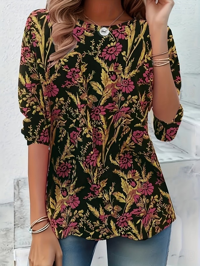 Γυναικεία Μπλουζάκι Στάμπα Φλοράλ Γραφική Φυτά Στυλάτο Κλασσικό Μοντέρνα Μακρυμάνικο Στρογγυλή Ψηλή Λαιμόκοψη Μακριές μπλούζες Καθημερινά Σαββατοκύριακο Ρούχα διακοπών 2026 - $9.49 –P7