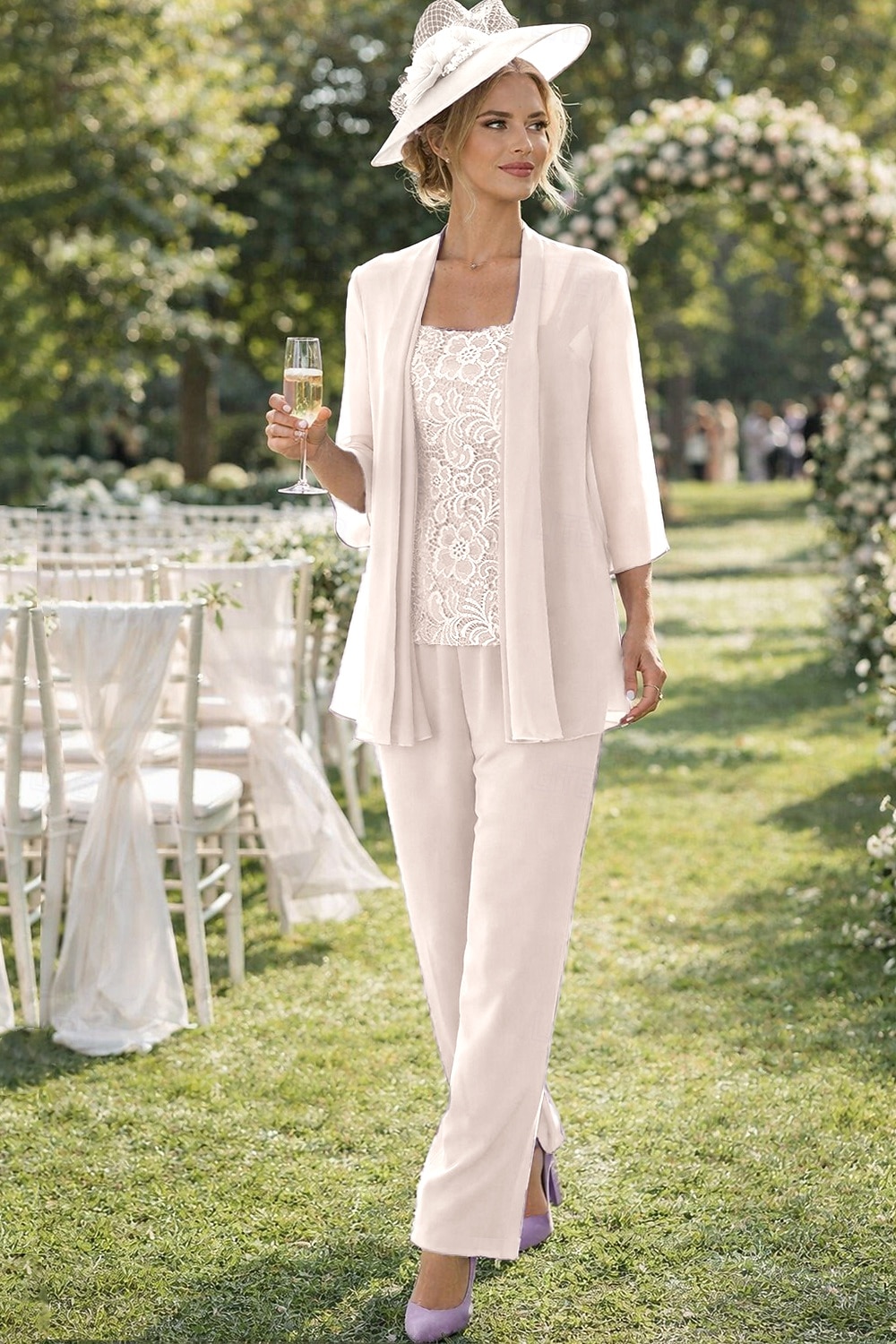 wedding dress with lace pants Formal Ivory Lace Suit, Women's Two Piece Set, Lace Jacket and Flared Pants, Elegant Outfit, Wedding Attire