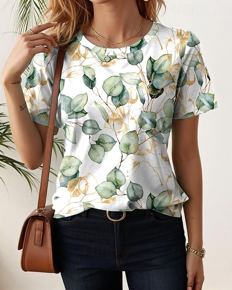 Dames T-shirt Afdrukken Bloemig Casual Korte mouw Ronde hals Normale tops Dagelijks blauw Zwart Wit Lichtgroen Paars Zomer 2026 - $7.99 –P9