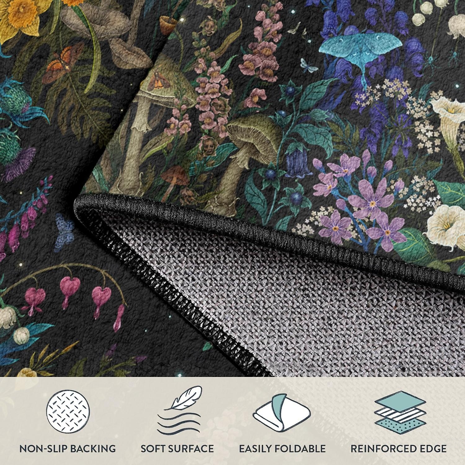 2026年 満月と花柄、キノコをモチーフにしたエリアラグ。植物と神秘的な庭園のデザインが特徴で、エレガントで耐久性のある装飾品として、episodic drawing が制作しました。  コレクション – $35.99 –P3