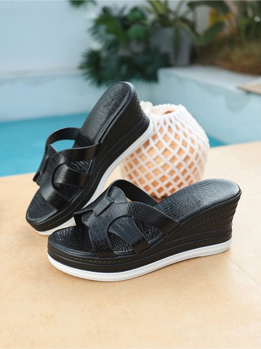 Elegante schwarze Keilsandalen mit Krokodilprägung für Damen – bequeme Plateau-Sandalen für den Poolbereich von Luxushotels und tropische Resorts &Sommerurlaubsoutfits 2026 - $29.99 –P2
