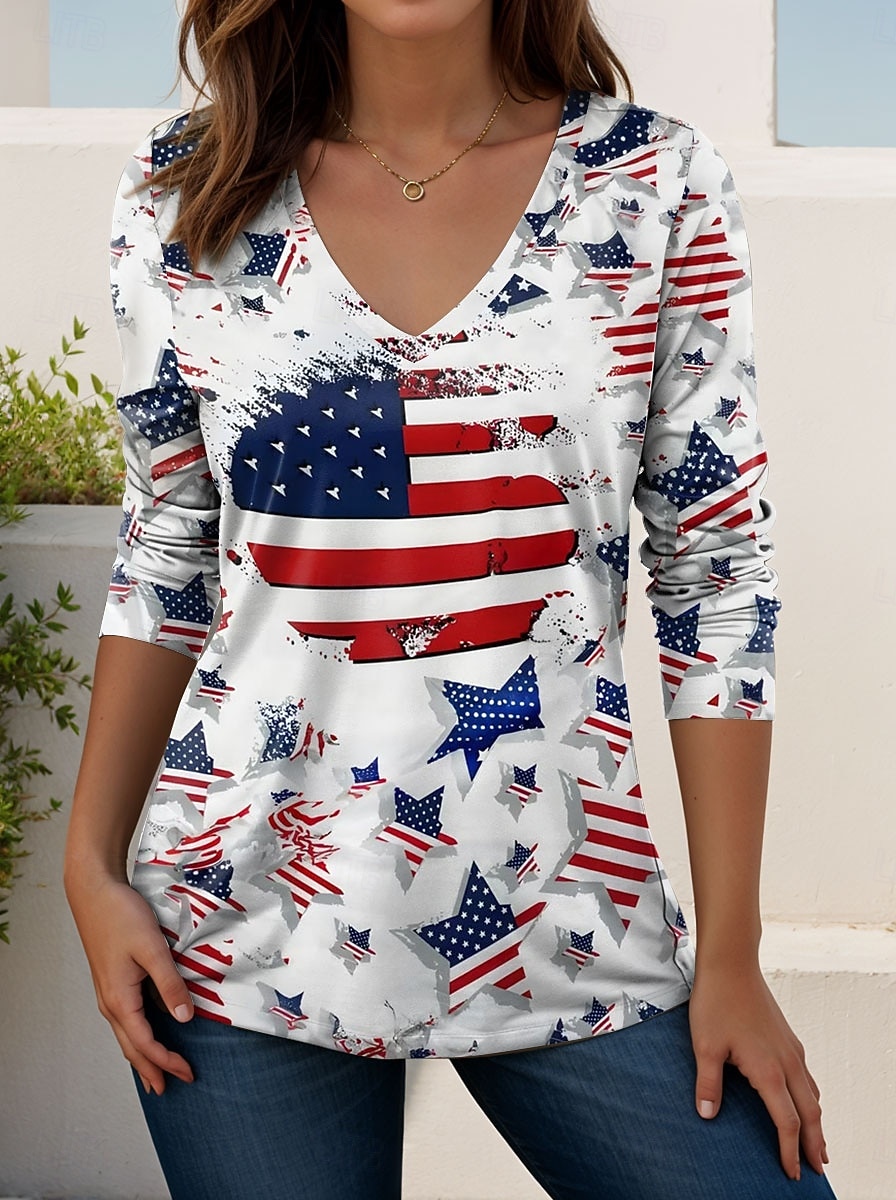 Giorno dell'Indipendenza Americana Per donna Maglietta Stampato Grafico Bandiera Americana Vintage Elegante Classico Manica Lunga Scollo a V Top Regolari Quotidiano Weekend Nero Bianco Rosso Blu del 2026 a $24.99 –P2