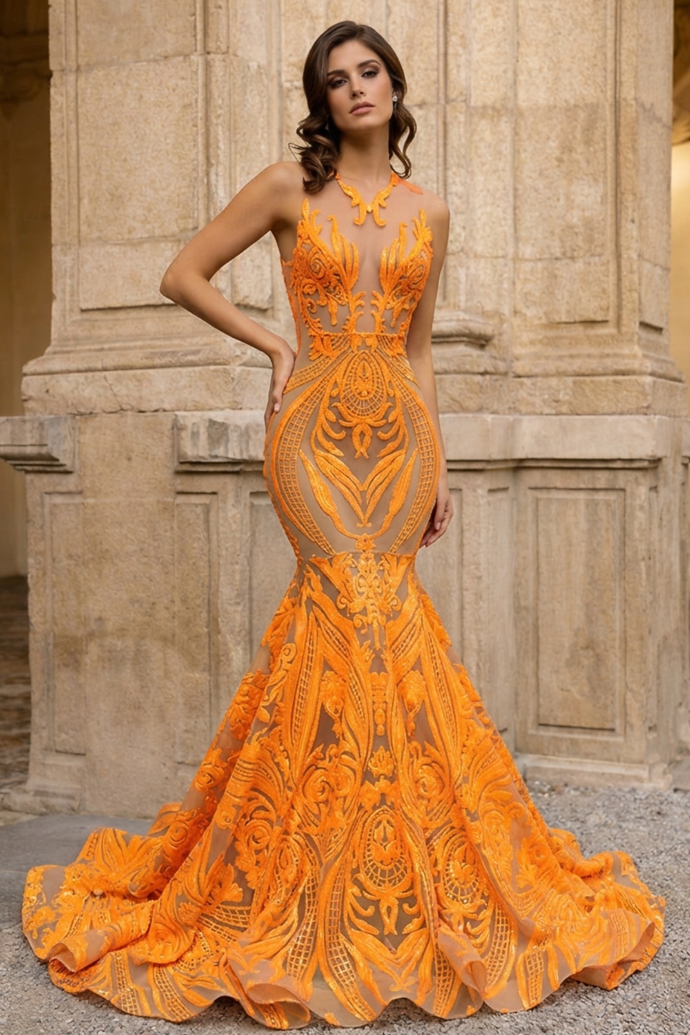 Corte Trompeta Sirena Cola barrida Trajes de gala Vestidos de noche Corte Cenicienta Vestimenta formal Elegante Sin Mangas Escote de ilusión Carnaval Formal afroamericano Lentejuelas con Lentejuela 2026 - $287.49 –P19