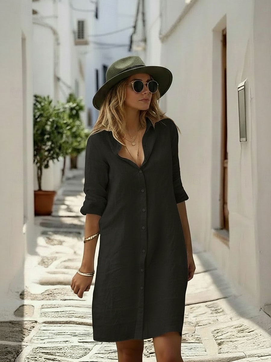 Damen Knielanges Kleid Kunstbaumwollleinen Hemdblusenkleid Mode Modern Täglich Outdoor Urlaub Lässiger Schnitt Einfach Ärmellos Hemdkragen Schwarz Weiß Grau Leicht Blau Sommer Frühling 2026 - $22.99 –P5