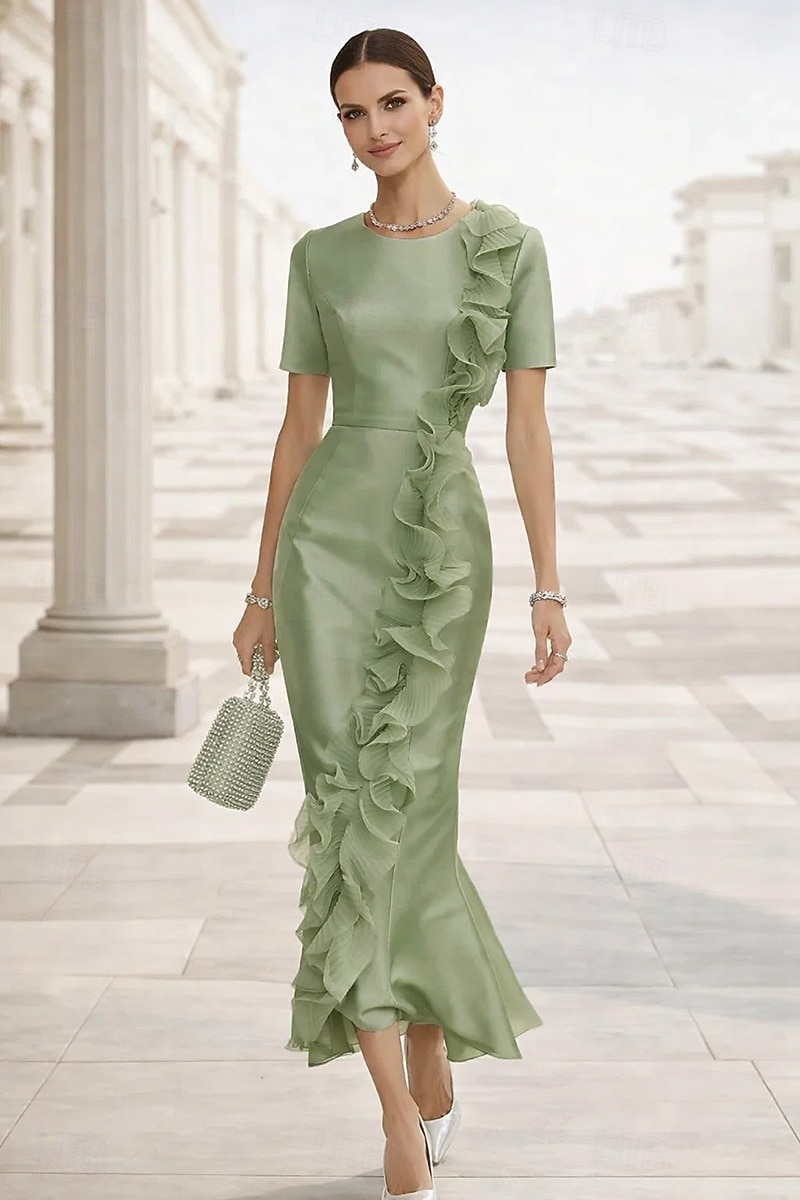 Mermaid / Trumpet Evening Ankle Length Cocktail Dresses Wedding Guest Dresses Elegant Short Sleeve Crew Neck Garden Party Formal Satin with Ruffles 2026 - $159.99 –P4