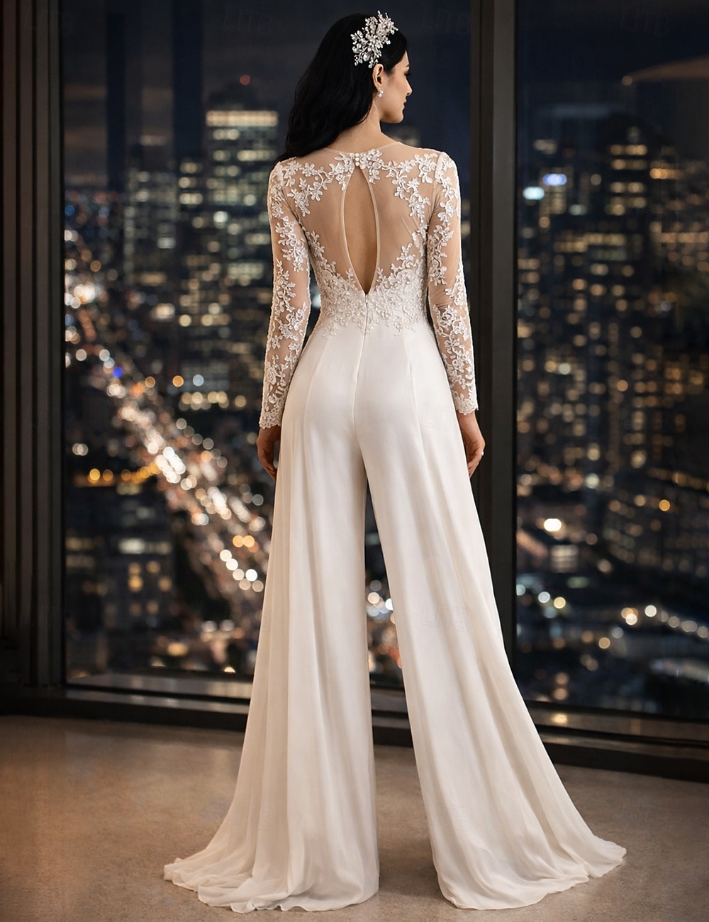 Strandhochzeit Halle Lässige Hochzeitskleider Jumpsuits Illusion Hals Langarm Bodenlang Chiffon Brautkleider Mit Applikationen 2026 - $164.99 –P2