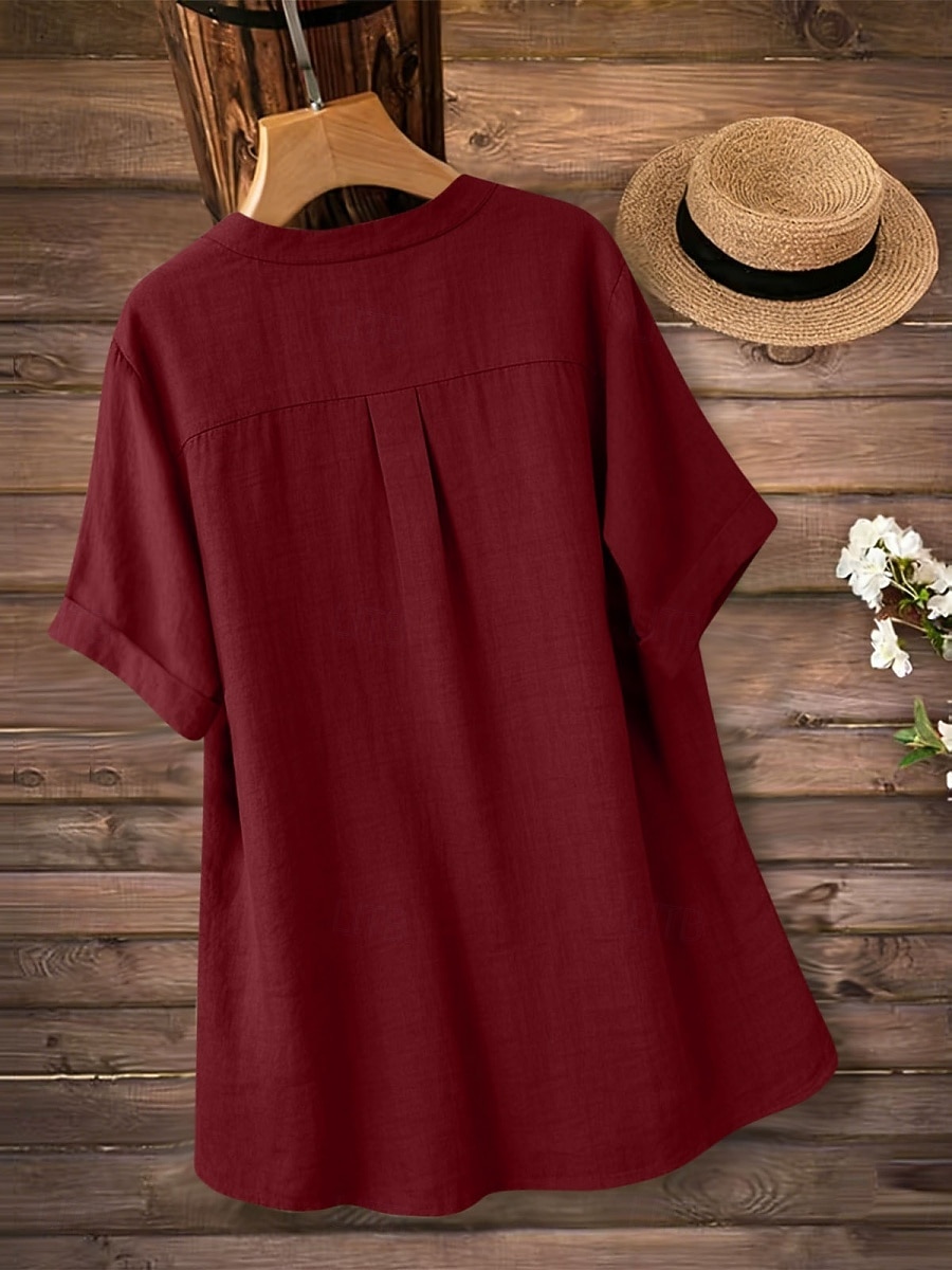 Dames Overhemden met linnenlook Blouse Overhemd van imitatie linnen Knop Effen Kleur Dagelijks Stijlvol Basic Halve mouw V-hals Normale tops Dagelijks blauw Zwart Geel Rood Paars Zomer Lente Herfst 2026 - $22.99 –P11
