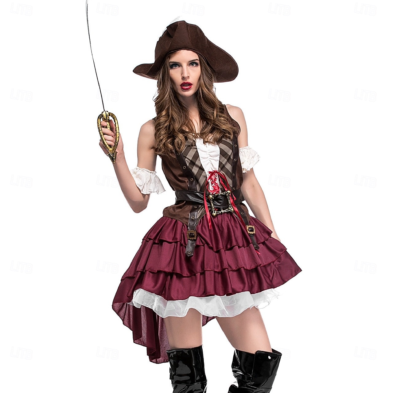 Conjunto Medieval Renascentista Vestidos Chapéus Cinto com acessórios Pirata Fantasia Mulheres Pirata Dia Das Bruxas Carnaval Baile de Máscaras feira renascentista Festa Temática Retro Adulto Vestido de 2026 por $61.99 –P10