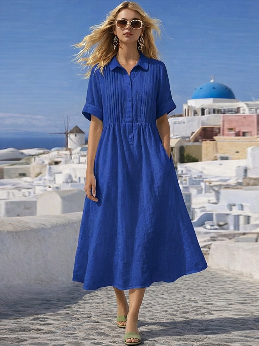 Mujer Vestido Midi Vestidos con tacto de lino Vestido de Camisa Vestido Kaftan Moda Moderno Diario Exterior Vacaciones Ajuste regular Plano Manga Corta Cuello Camisero Azul Piscina Blanco Rosa Rojo 2026 - $33.99 –P7