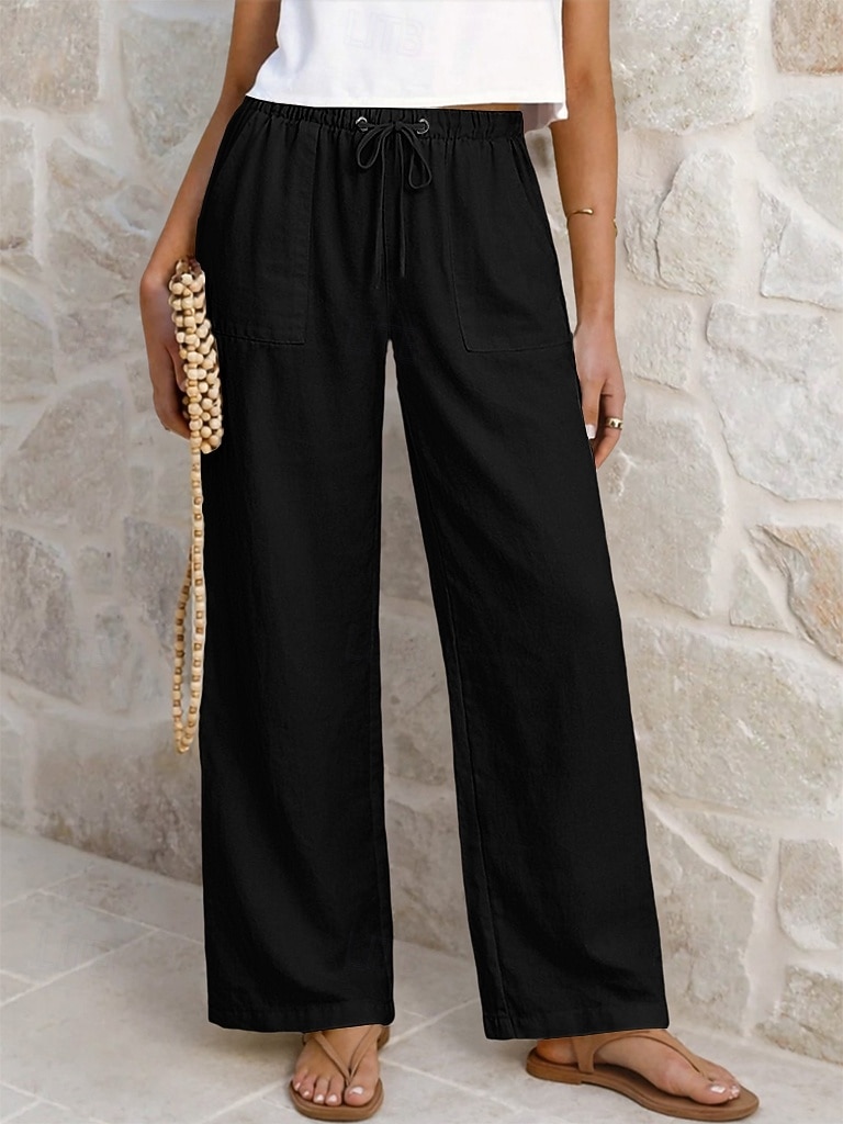 Damskie Lniane spodnie Spodnie Spodnie codzienne Letnie spodnie Urlop Moda Podstawowy Pełna długość Średia talia Równina Ściągana na sznurek Elastyczny pas Prosta noga Lekki Oddychający Nieelastyczny 2026 - $25.99 –P10