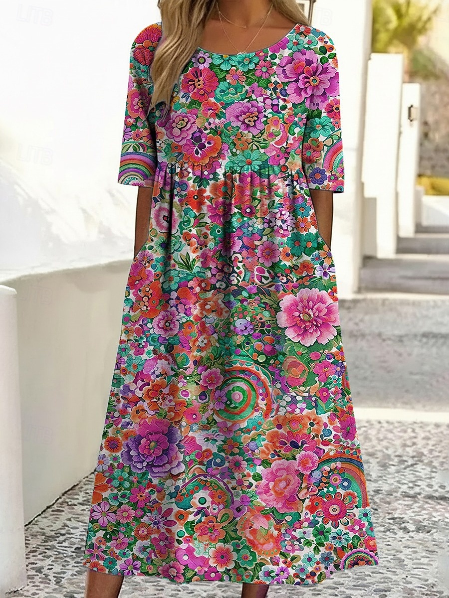 2026年 女性用 ミディドレス カジュアルドレス プリントドレス ファッション アウトドア バケーション お出かけ ルーズフィット フラワー グラフィック 半袖 クルーネック ブルー ライトイエロー パープル グリーン 夏 春  コレクション – $29.99 –P7