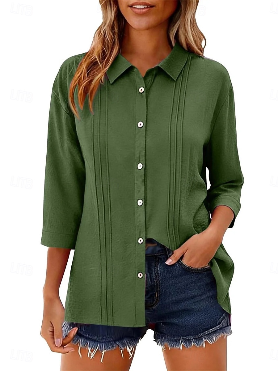 Per donna Camicia Blusa Camicia di cotone Arricciato Bottoni Tinta unica Elegante Classico Moderno Manica Lunga Colletto a Camicia Top Regolari Quotidiano Ferie Uscire Nero Bianco Giallo Rosa Vino del 2026 a $27.99 –P1