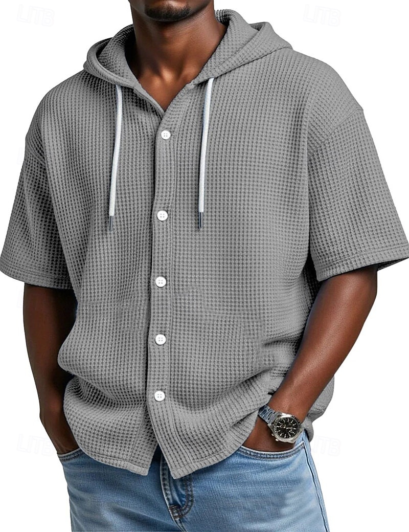 Voor heren Overhemd Wafel Shirt Normaal shirt Overhemd met knopen Wit Korte mouw Effen Kleur Effen Capuchon Casual Dagelijks Lapwerk Kleding Vakantie Modieus Casual 2026 - $30.99 –P5
