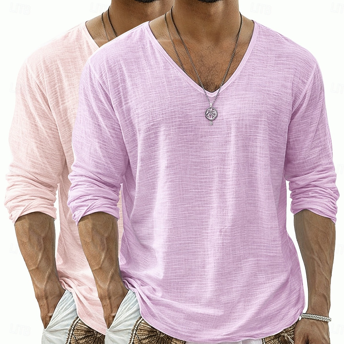 2 st herrtröja i linne med lång ärm, v-ringning, sommar, vår, vår &sommar enfärgad enfärgad daglig avslappnad gatustil 2-delad enfärgad flerpack avslappnad utomhus gatustil rosa lila rosa grön topp 2026 - $34.99 –P10