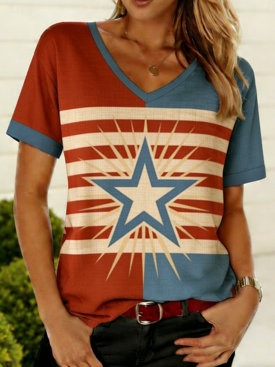 Amerikanischer Unabhängigkeitstag Damen T Shirt T-Shirt Druck Grafik Nationalflagge Stilvoll Klassisch Lässig Kurzarm V Ausschnitt Normale Oberteile Täglich Ausgehen Wochenende Blau Rote Khaki Sommer 2026 - $17.49 –P1