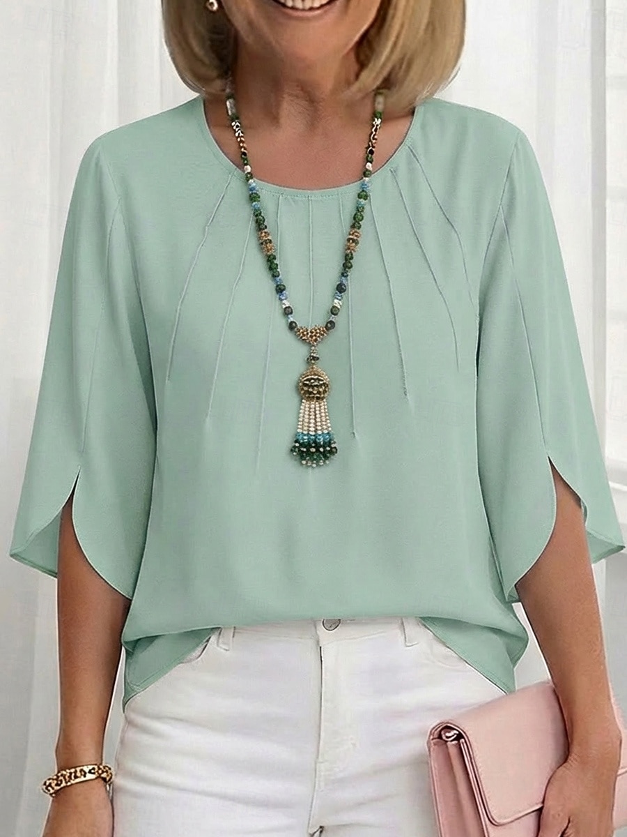 Dames Blouse Chiffon-topjes Met ruches Effen Klassiek Modern Casual Halve mouw Strakke ronde hals Normale tops Dagelijks Buiten Feestdagen Wit Lichtgroen Smaragdgroen Rose Roze Licht Blauw Zomer Lente 2026 - $21.99 –P3