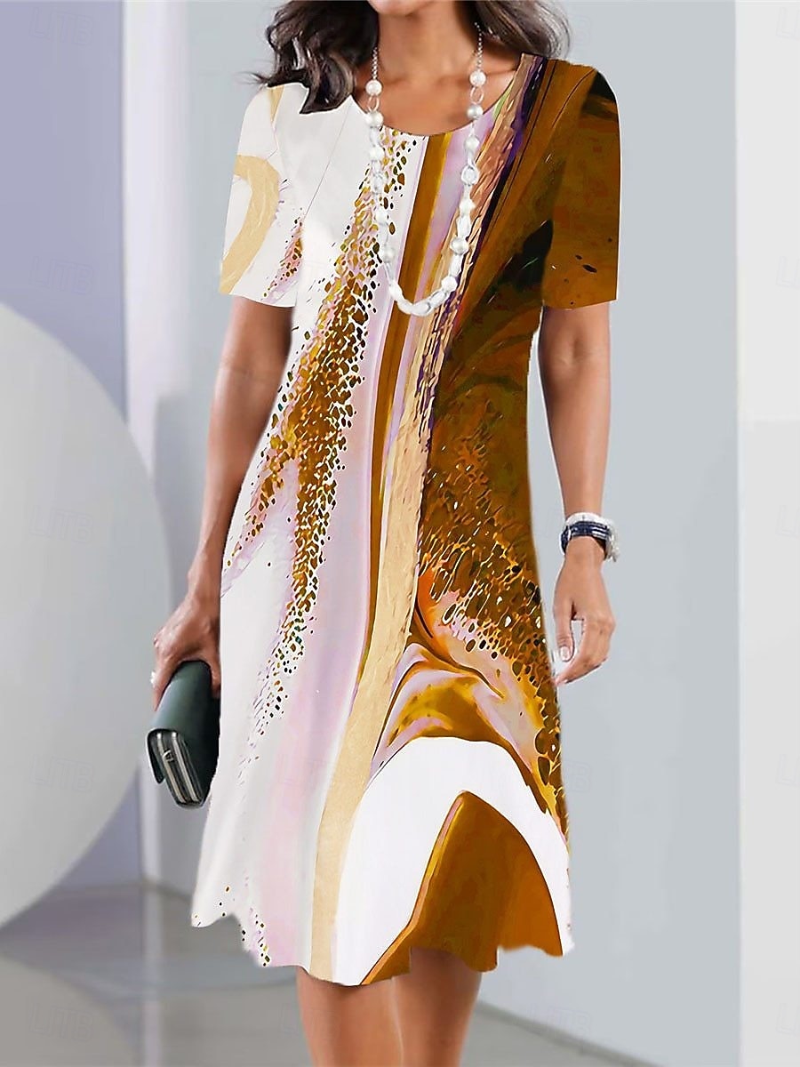 Damen Knielanges Kleid Shiftkleid Freizeitkleid Elegant Mode Modern Täglich Outdoor Urlaub Normale Passform Grafik Abstrakt Kurzarm Rundhalsausschnitt Blau Rosa Dunkelgrün Braun Sommer Frühling 2026 - $24.99 –P6