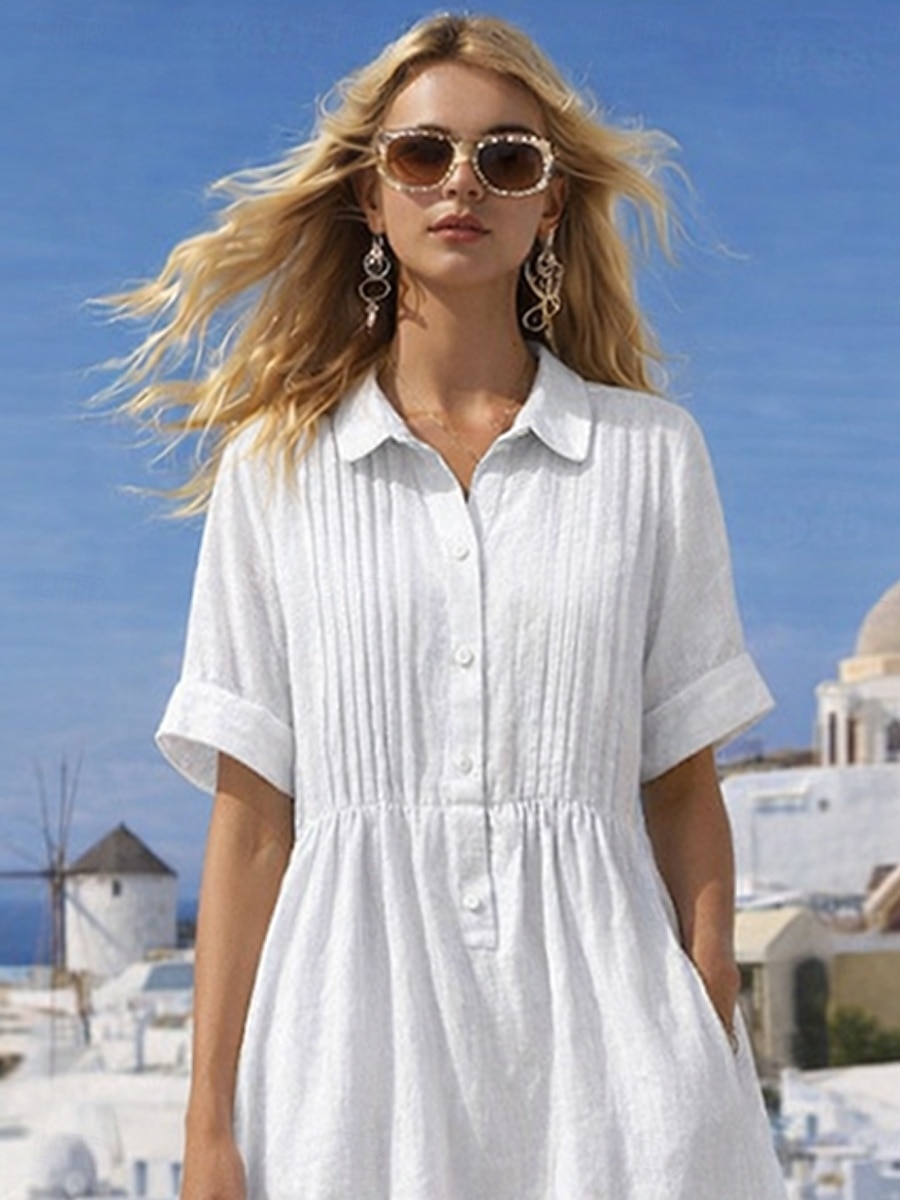 Mujer Vestido Midi Vestidos con tacto de lino Vestido de Camisa Vestido Kaftan Moda Moderno Diario Exterior Vacaciones Ajuste regular Plano Manga Corta Cuello Camisero Azul Piscina Blanco Rosa Rojo 2026 - $33.99 –P3