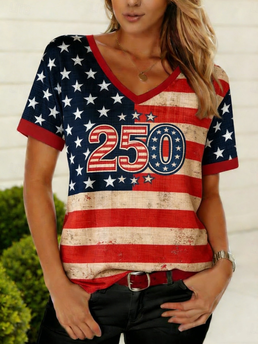 2026年 アメリカ独立記念日 女性用 Tシャツ ティートップ プリント グラフィック フラッグ スタイリッシュ クラシック カジュアル 半袖 Ｖネック レギュラートップス 日常 お出かけ 週末 ブルー ルビーレッド レッドとブルー 夏 春  コレクション – $17.49 –P1