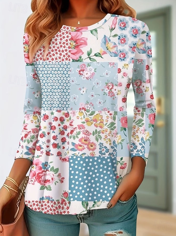 Γυναικεία Μπλουζάκι Στάμπα Φλοράλ Γραφική Φυτά Στυλάτο Κλασσικό Μοντέρνα Μακρυμάνικο Στρογγυλή Ψηλή Λαιμόκοψη Μακριές μπλούζες Καθημερινά Σαββατοκύριακο Ρούχα διακοπών 2026 - $9.49 –P8