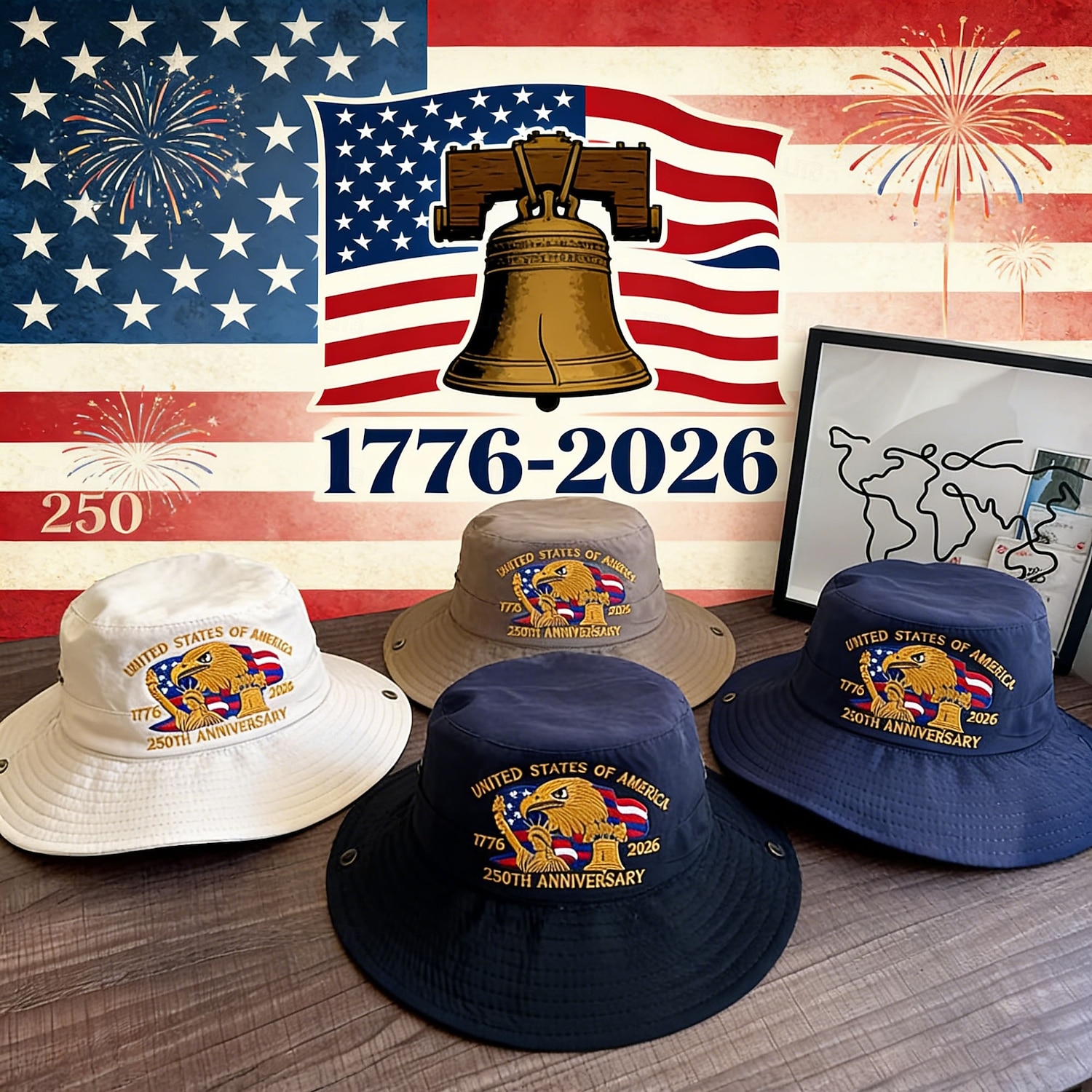 Vyšívaný rybářský klobouk k 250. výročí USA, americký kbelík k 250. výročí, 1776-2026, skládací vlastenecké sluneční klobouky pro muže i ženy, prodyšné a univerzální pro všechna roční období. 2026 - $21.99 –P2