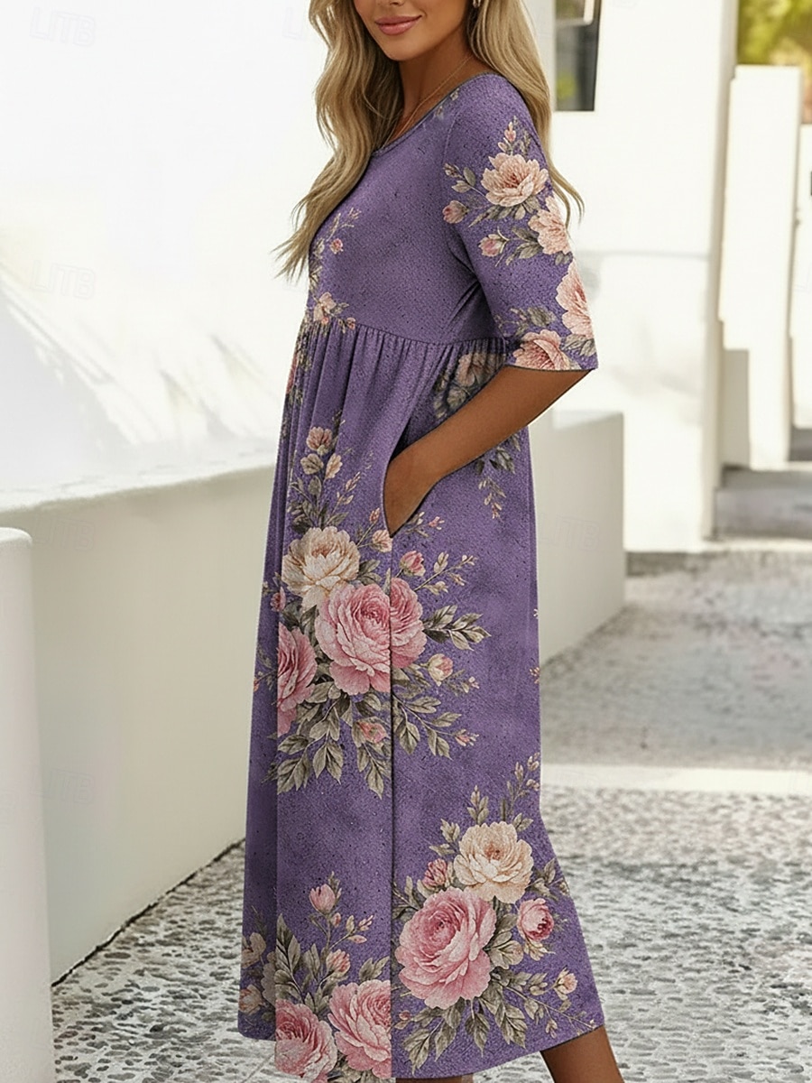 Per donna Abito Midi Vestito Casual Abito Stampato Vintage All'aperto Vacanza Uscire Vestibilità comoda Floreale Grafico Mezza Manica Girocollo Blu Viola chiaro Viola Verde Estate Primavera del 2026 a $29.99 –P4