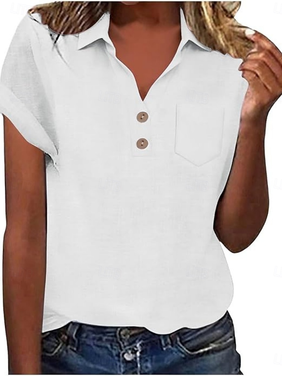 Women's Shirt Blouse Cotton Shirt Buttons Solid Color Vintage Classic Modern Short Sleeve Shirt Collar Regular Tops Daily Holiday Going out White Yellow Navy Blue Sky Blue Light Blue Summer Spring 2026 - $22.99 –P8