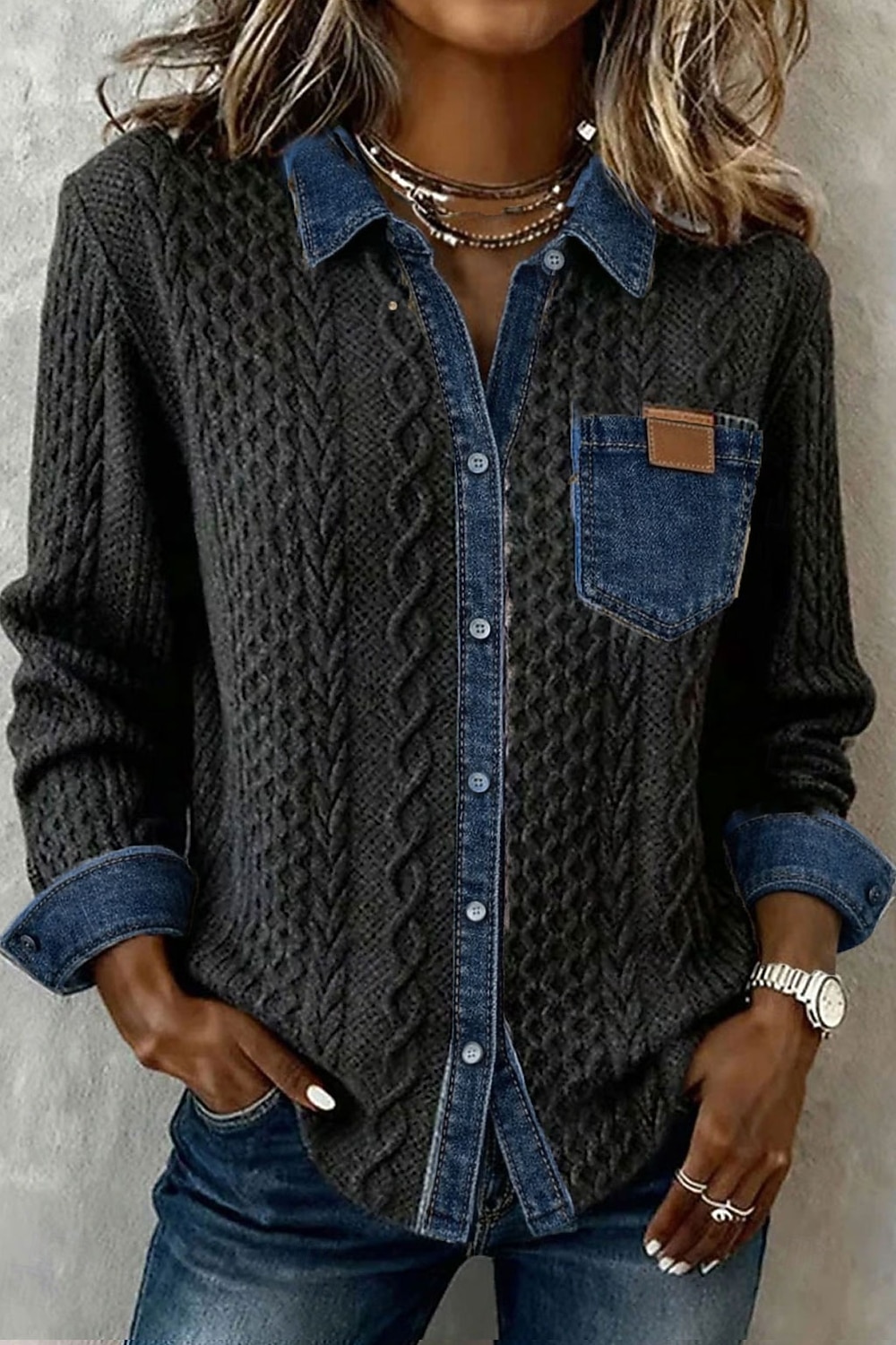 Жен. Рубашка Пуговицы Сплошной цвет Винтаж Стиль Классический Длинный рукав Рубашечный воротник Обычные топы Повседневные Синий Черный Розовый Хаки Лето Весна Осень 2026 - $43.99 –P4