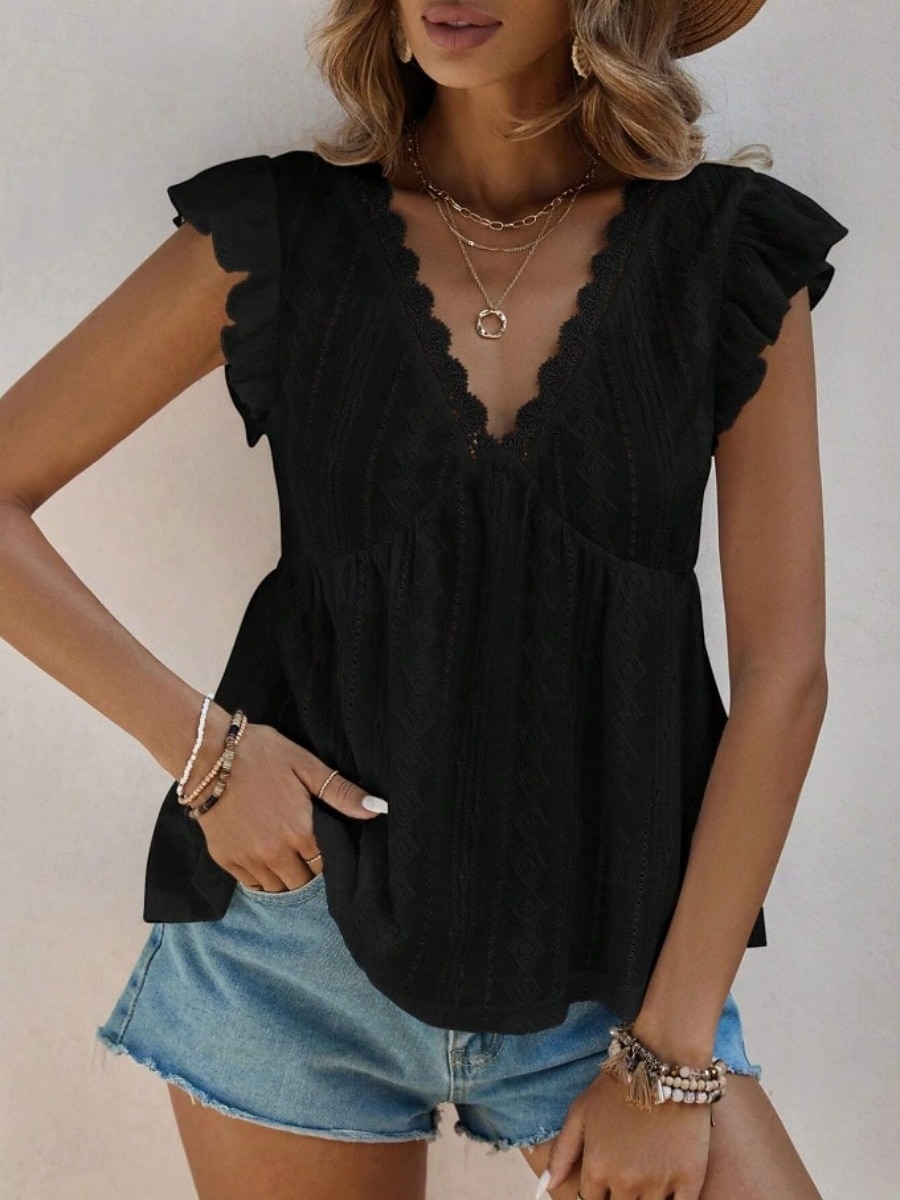 Damskie Bezrękawnik Falbana Oczko Równina Moda Elegancki Klasyczny Bez rękawów W serek Zwykłe topy Codzienny Wyjściowe Weekend Czarny Biały Kawowy Jasnoniebieski Lato Wiosna 2026 - $25.99 –P11