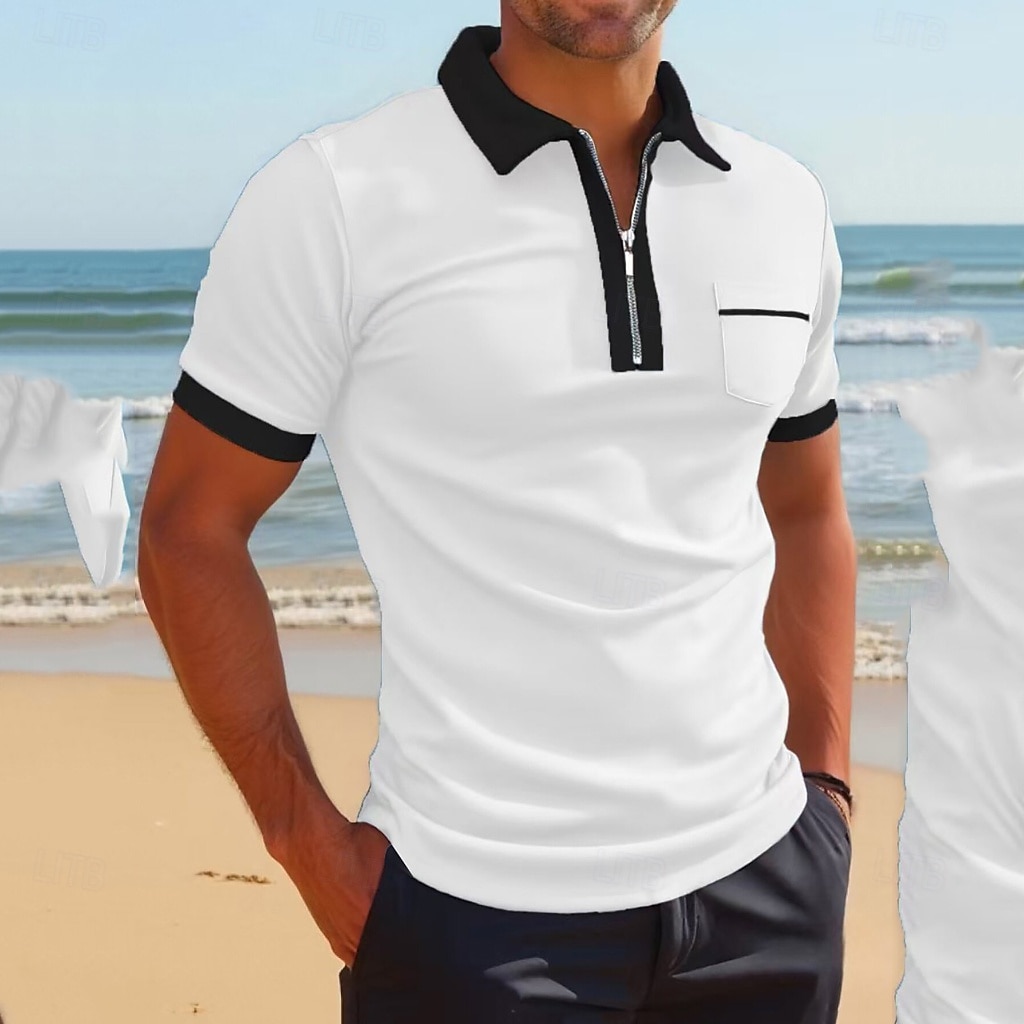 Herr Polo Pikétröjor Dagligen Utomhus Tröjkrage Fjärdedels blixtlås Kortärmad Mode Bekväm Slät Lappverk Dragkedja Sommar Skräddarsydd passform Vin Fördjupad grön Svart Vit Gul Marinblå Polo 2026 - $17.99 –P2