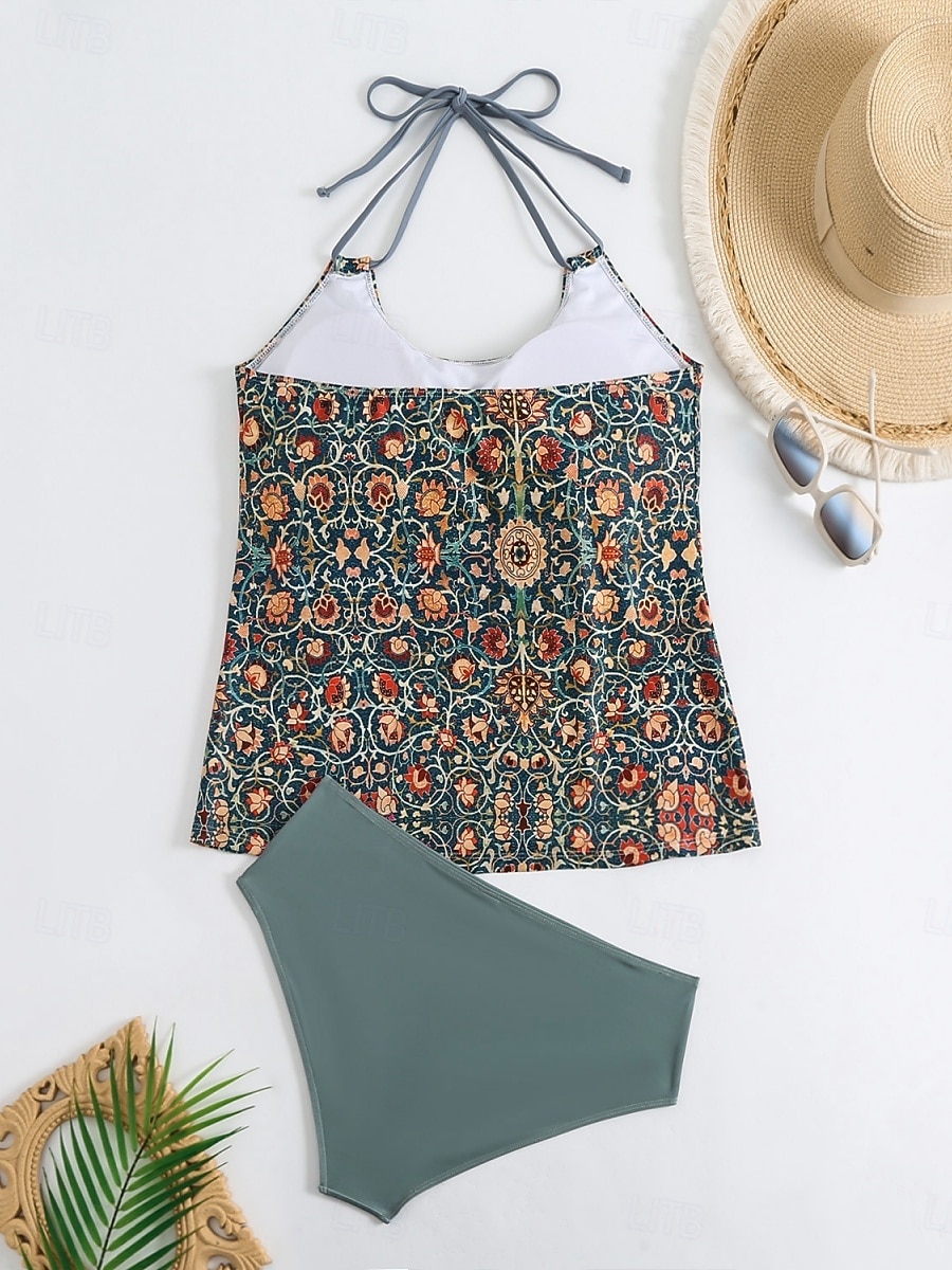 Damen Badeanzug Tankini Zweiteilig Freche Unterhose Bademode Bauchkontrolle Hohe Taille Schlank Rückenfrei Urlaub Strandbekleidung Blumen U-Ausschnitt Ärmellos Badeanzüge 2026 - $24.99 –P5