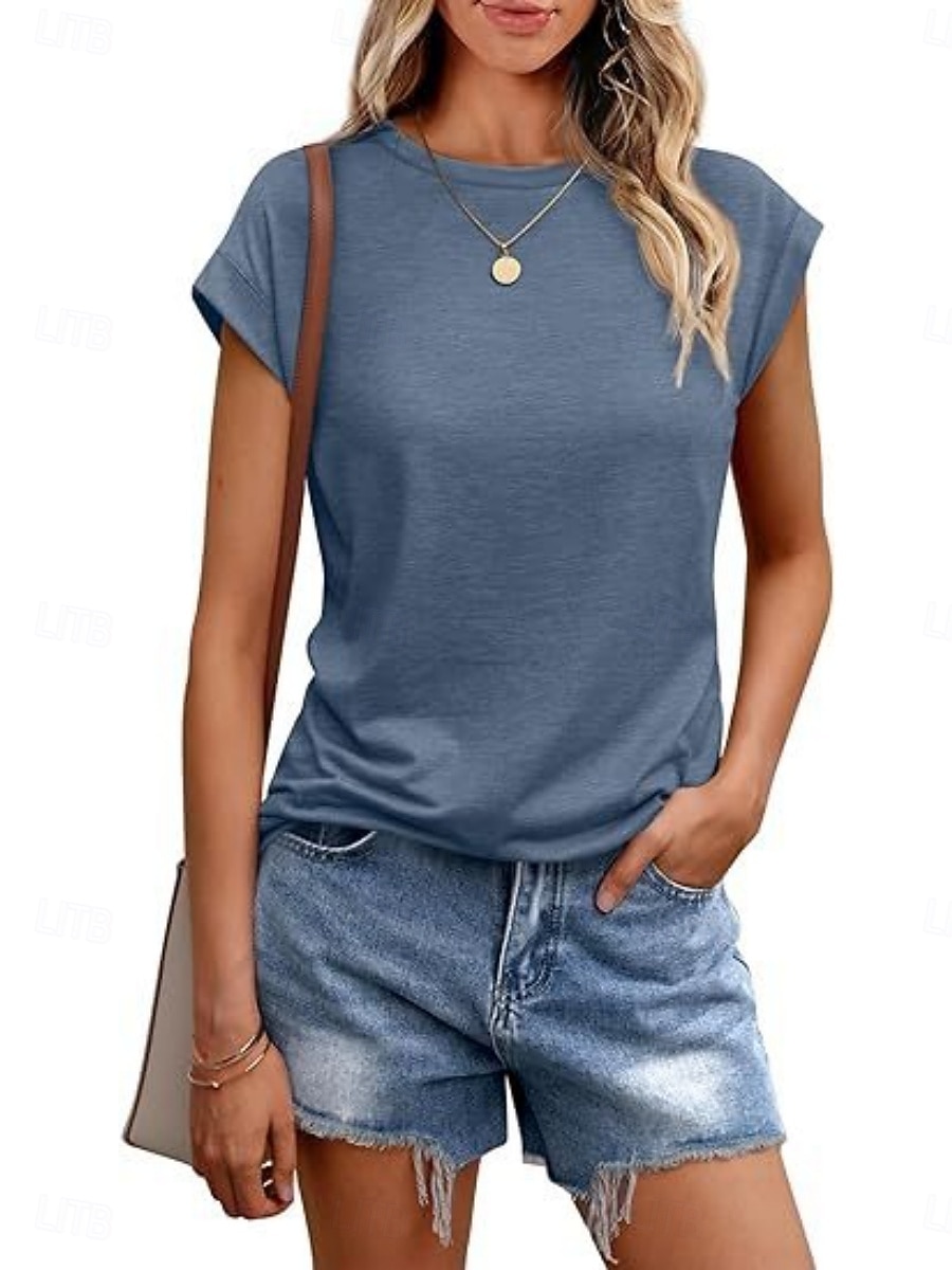Damen T Shirt T-Shirt Einfach Mode Stilvoll Klassisch Kurzarm Rundhalsausschnitt Normale Oberteile Täglich Ausgehen Wochenende Blau Schwarz Weiß Hellgrün Rosa Sommer Frühling 2026 - $19.99 –P5