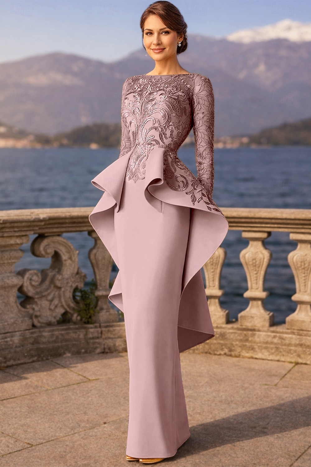 Tubinho Longo Vestido de convidada de casamento Vestido formal Vestido de noite Vestido Para Mãe dos Noivos Manga Longa Scoop pescoço Elegante Festa Formal Convidado do casamento Renda Tecido Que de 2026 por $236.49 –P7